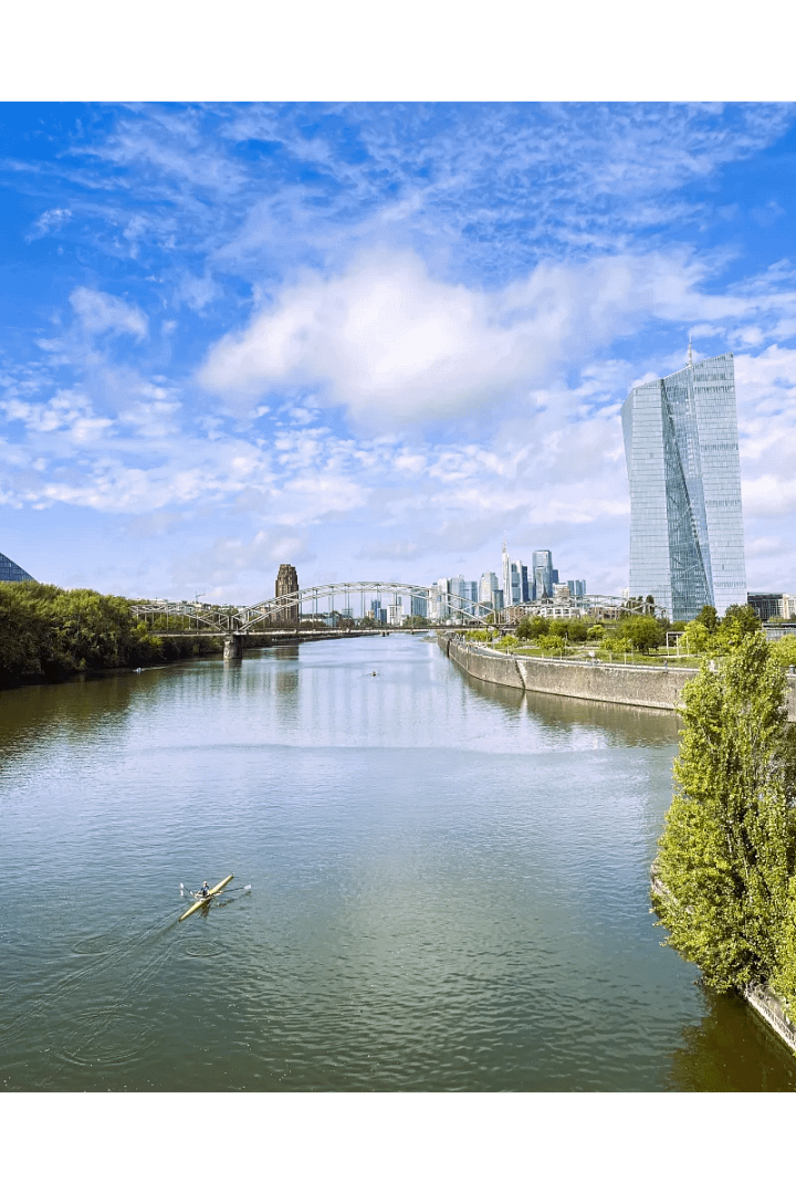 The picture of the main river with the European Central Bank in the background.