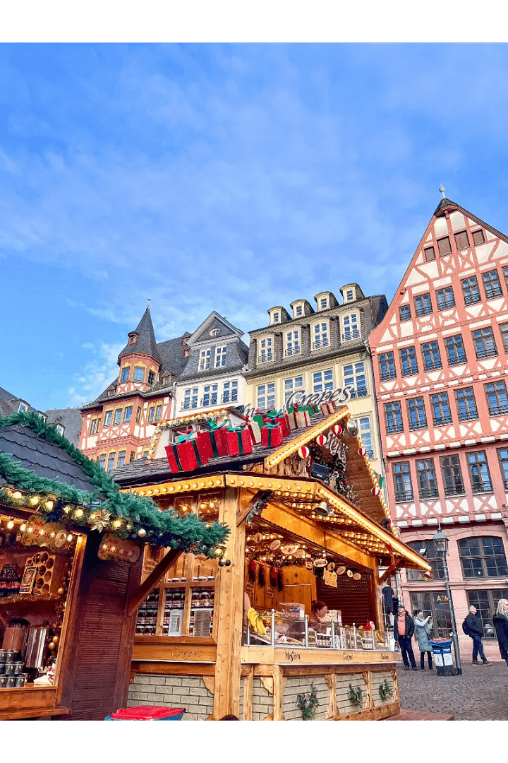 Traditional wooden Christmas stalls and half-timbered buildings at Römerberg in Frankfurt